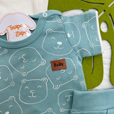 Conj. de Malha 3 peças - Bear Fofinho com Estrelinhas - Verde Menta e Gelo